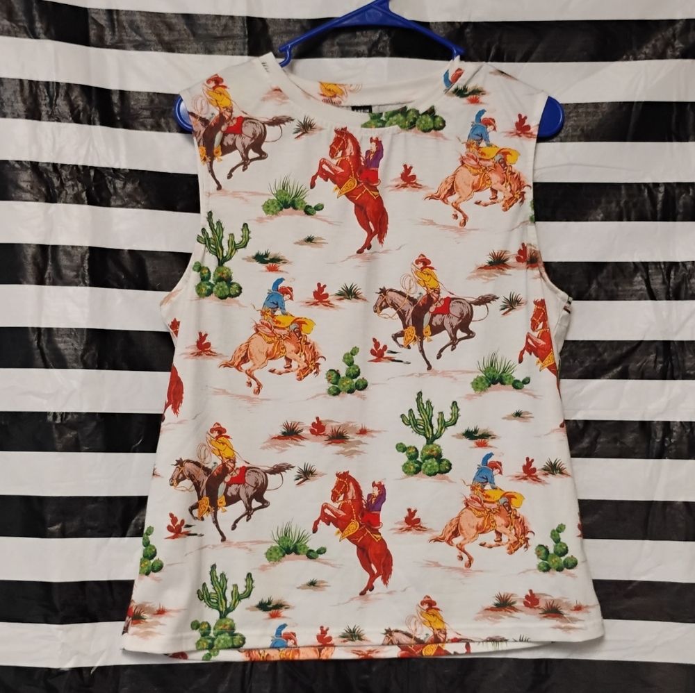 SHEIN White Tank Top with Colorful Cowboy Print